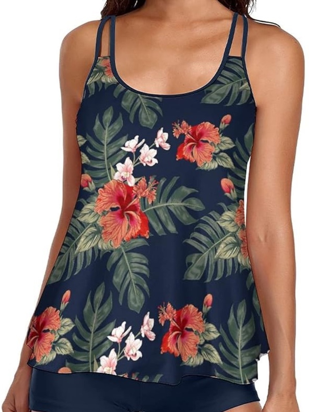 Navy Floral Double-Strap Tank Top 2 piece swimsuit